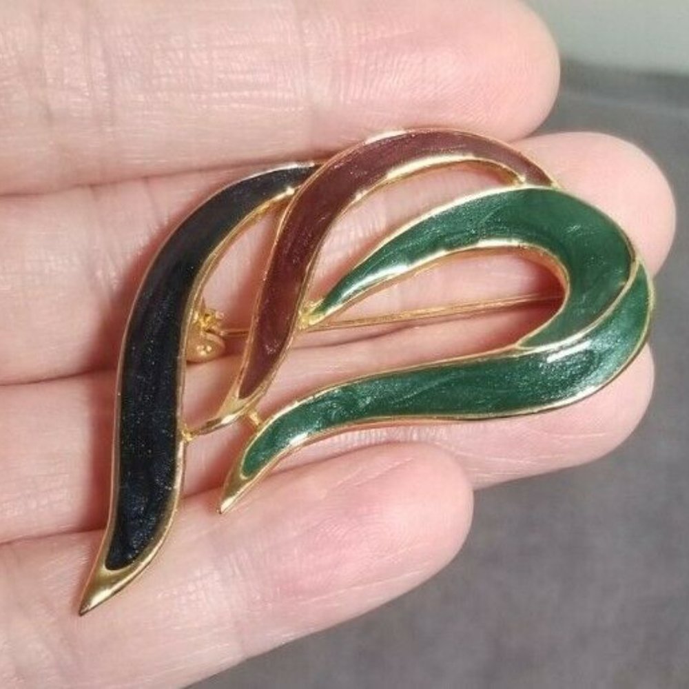 Vintage Abstract 80s Artistic Swirl Brooch Forest Green Burgundy Blue Gold Tone